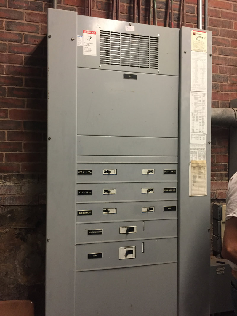 A circuit breaker panel located in the generator room